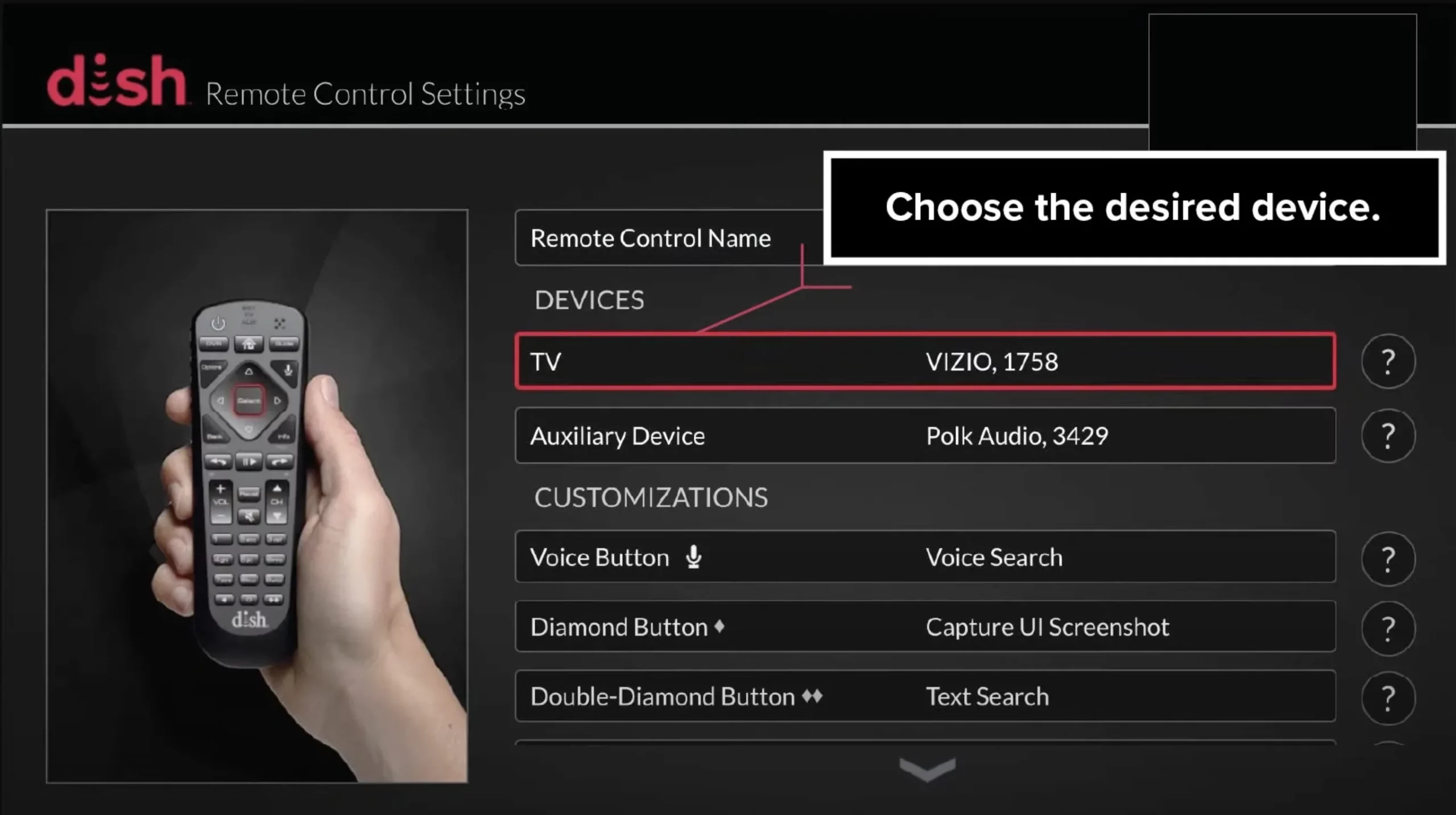 Choose the desired device with the Dish receiver